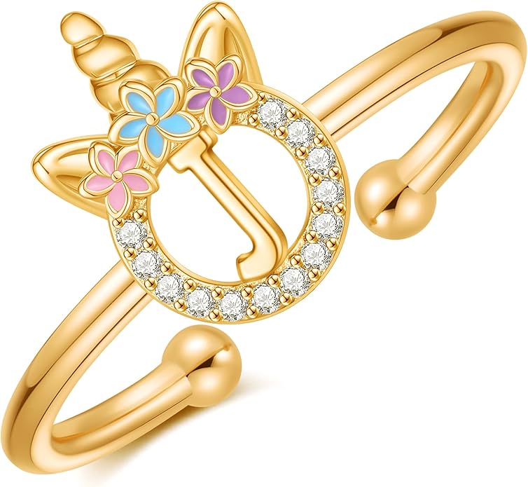 Unicorn Rings Gifts for Girls - Adjustable Initial Ring Dainty Cute Unicorn Rings for Girl Teens Little Girls Jewelry Birthday Gift