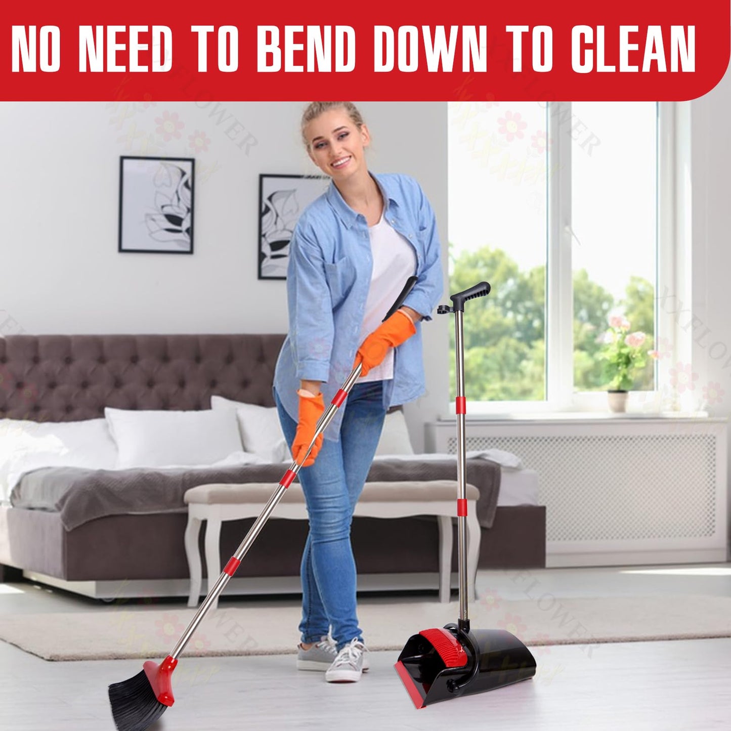 XXFLOWER Broom and Dustpan Set with Long Handle, Light Weight Stainless Steel Poles Stand Upright Dustpans with Broom Combo for Home Kitchen Office Pet Dog Hair, Black & Red Color, 1-Pack