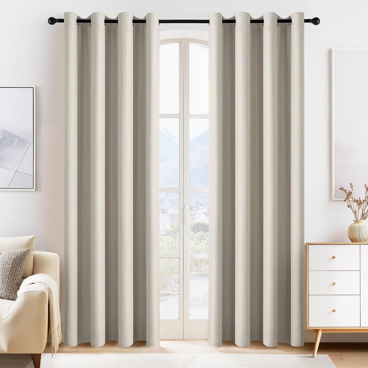 PONY DANCE Blackout Curtains for Bedroom - Double Pieces Thermal Insulated Drapes Noise Reducing Solid Grommet Top Window Curtain Panels for Home Decoration and Doorway, 55 x 80 inch, Cream, 1 Pair