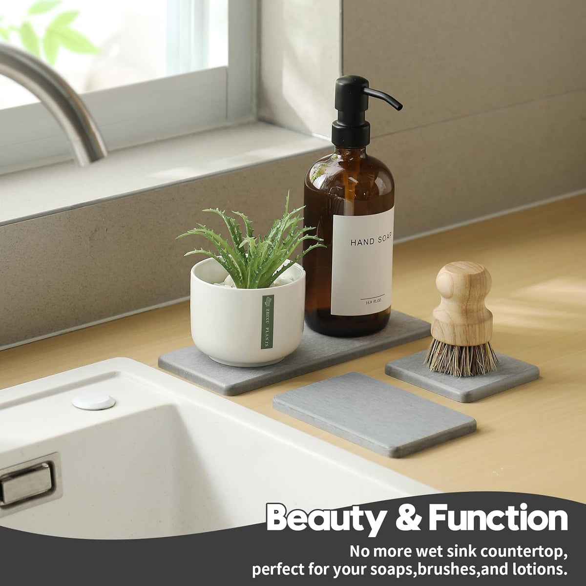 3PCS Bathroom Sink Vanity Trays, Quick Stone Drying Mat Dish Soap Dispenser Sponge Holder for Kitchen Counter, Diatomaceous Earth Water Absorbing Caddy Organizer, Light Grey