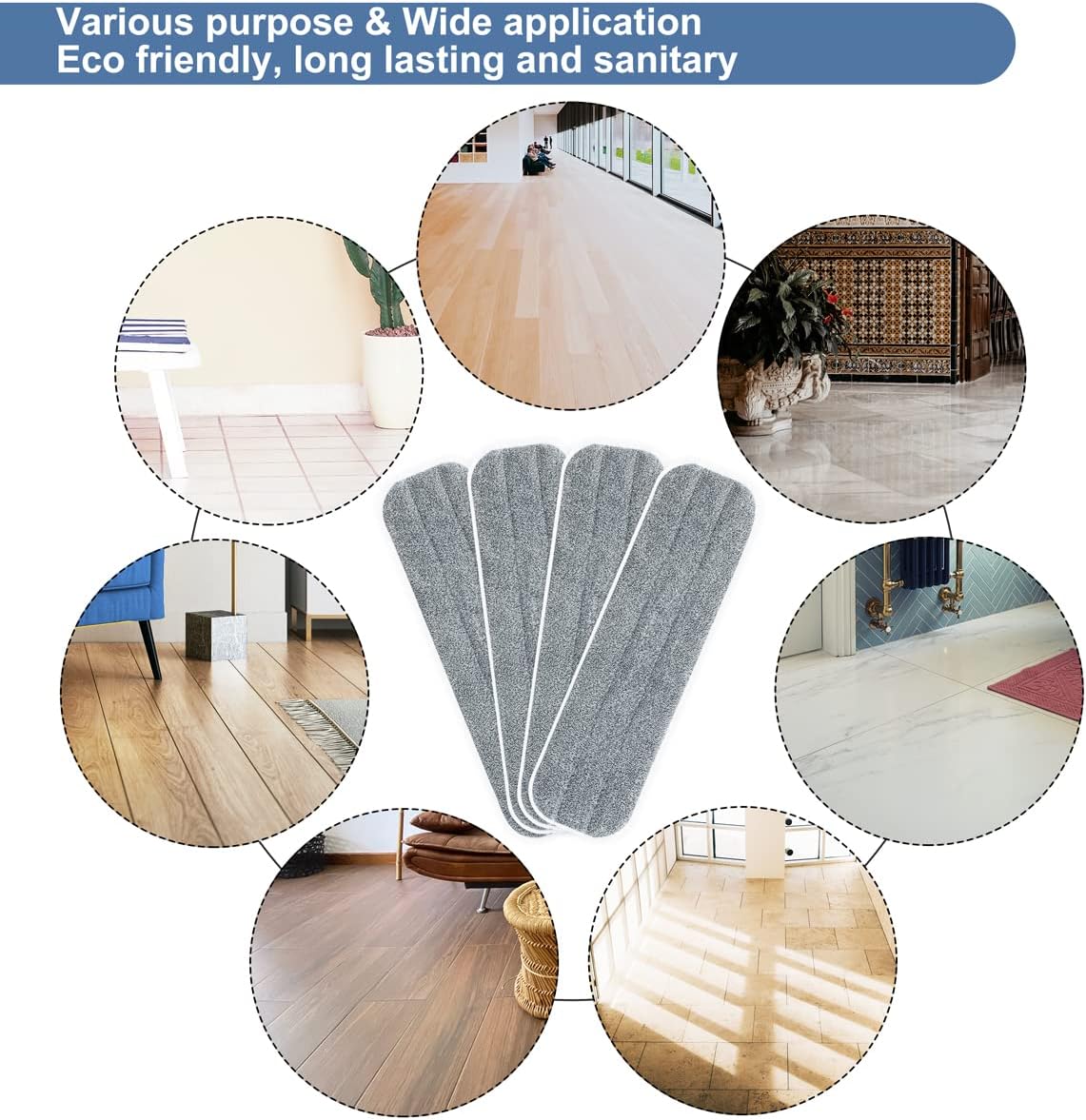Replacement Microfiber Mop Pads - 18''x5'' Wet Dry Floor Cleaning Pad Compatible with Bona Floor Care System, Reusable Mop Refill Fits 17” to 18” Flat Mop - 4 Pack