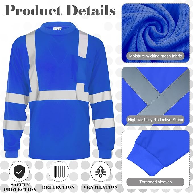 Amylove 4 Pcs Long Sleeve Safety Shirt High Visibility Reflective Construction Work Shirts for Men Women(XXL,Blue)