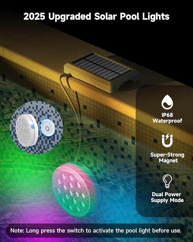 Solar Pool Lights, Rechargeable Submersible LED Lights with Remote, IP68 Waterproof Built-in Magnet Solar Underwater Light for Above Ground/Inground Pools, Pond Decoration(2 Pack)