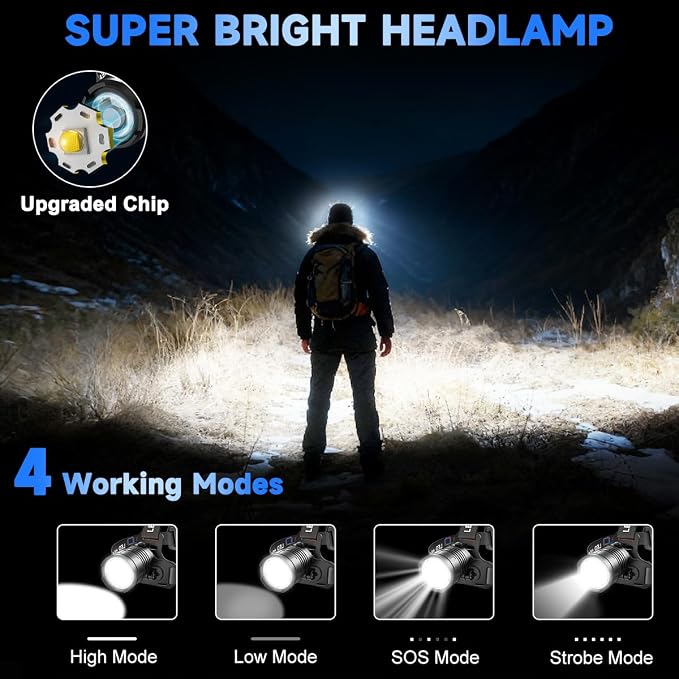 Rechargeable Headlamp High Lumen, 3000L Super Bright Head Lamp, 90° Rotatable Head Lights for Forehead, Adjustable Focus Headlight Flashlight, 4Modes LED Headlamps for Adults Hardhat Camping (2Pack)