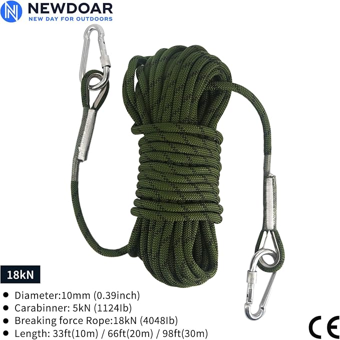 NewDoar Climbing Rope 8(5/16in),10mm (3/8in), High Strength Accessory Cord Rope with 2 Steel Hooks, for Outdoor Rescue Rappelling Rope Down Cliffs ledges Safety Escape Tow Strap Equipment(ArmyGreen)