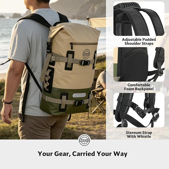 STOVER 30L Waterproof Dry Backpack & Phone Case - X-Large Floating Dry Bag for Kayaking, Travel, Hiking, Fishing, Camping, Motorcycles & Beach, Heavy-Duty Roll Top Men/Women (Tan/Army Green/Brown)