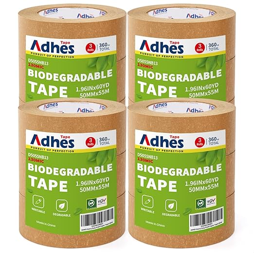 ADHES Kraft Paper Tape, 2 Inch x 60 Yards x 12 Rolls, Biodegradable Paper Packing Tape Writable & Uncoated Brown Shipping Tape for Shipping, Moving, Sealing