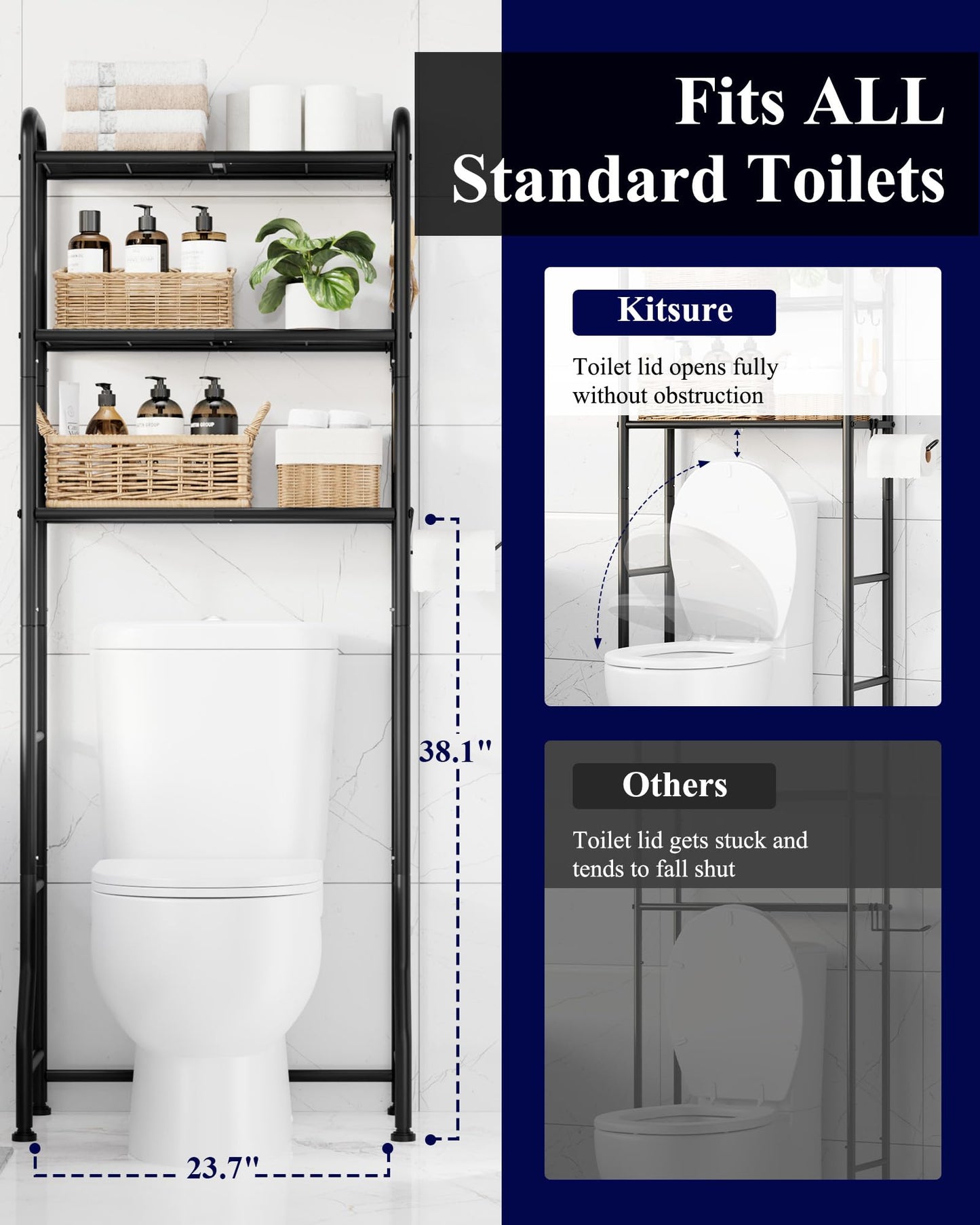 Kitsure Over Toilet Storage Rack - Metal Over Toilet Bathroom Organizer Shelf, Over the Toilet Storage Cabinet with Paper Holder and Hooks, Bathroom Cabinet for Laundry, Black, 3 Tiers (63.2" H)
