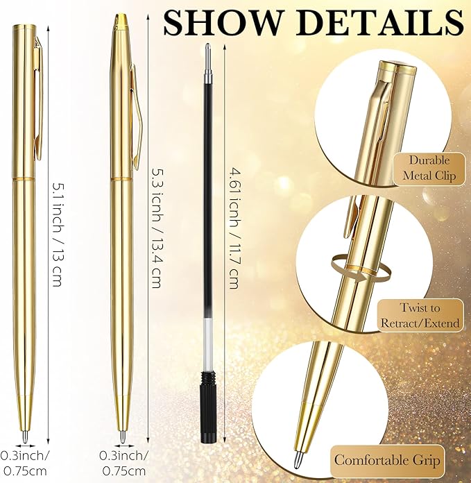 Fuutreo 100 Pack Wedding Gold Pens Bulk Gold Metal Pens Slim Ballpoint Retractable Ballpoint with Black Ink Mini Conical for Wedding Favors Guests, Office Business Teachers,1.0 mm