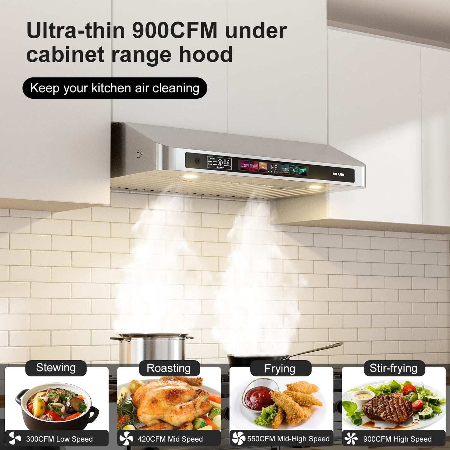 BRANO 30 Inch Under Cabinet Range Hood with Voice/Gesture/Touch Control, 900 CFM Kitchen Vent Hood with 4-Speed Exhaust Fan, Stainless Steel Stove Hood with LED Lights, Baffle Filters