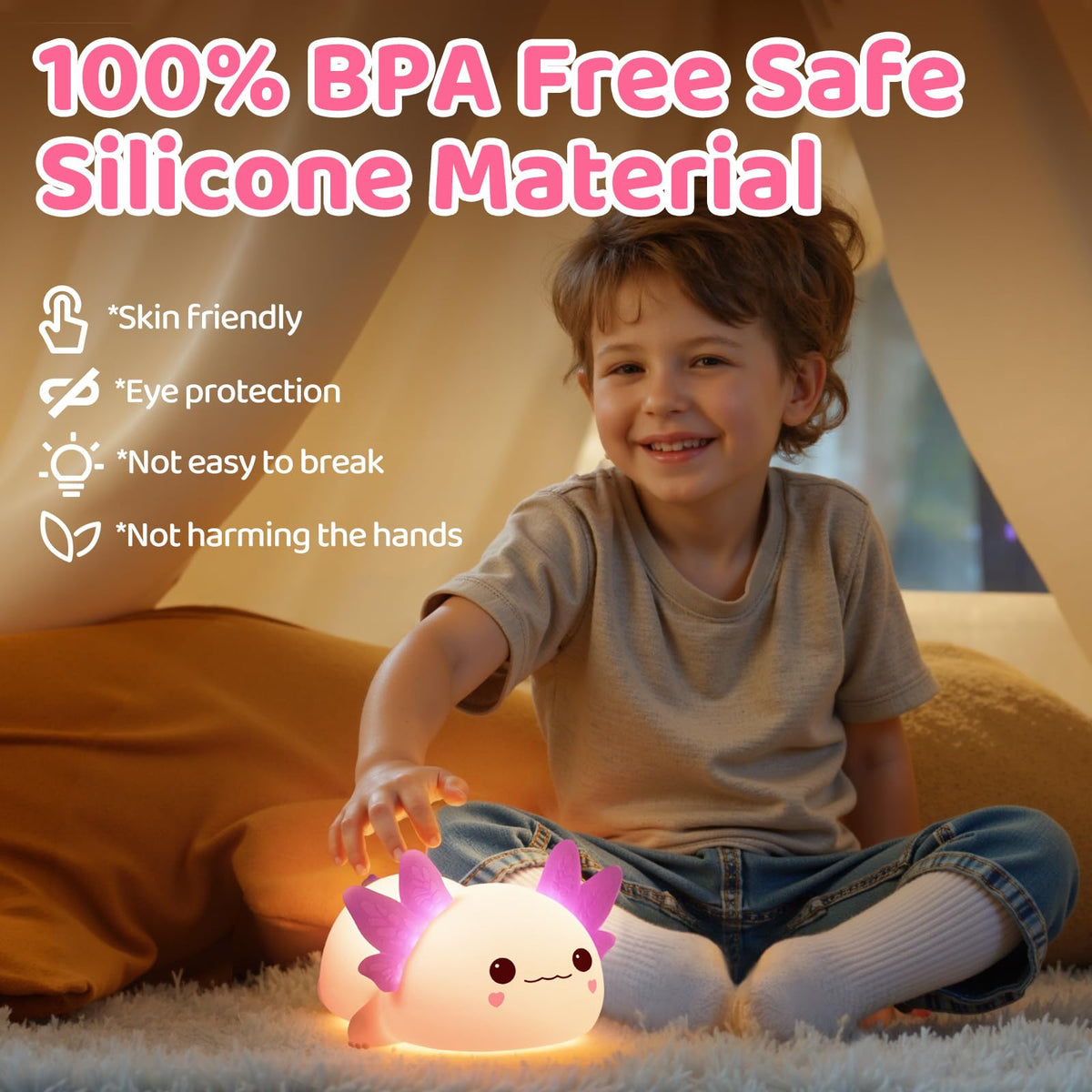Huggwaii Squishy Axolotl Night Light for Kids, 4 Soothing White Noise Sounds, Dimmable Silicone Axolotl Toddler Lamp, 2025 Upgraded Rechargeable Nightlight, 9H Battery, Baby & Girl Room Decor Gifts
