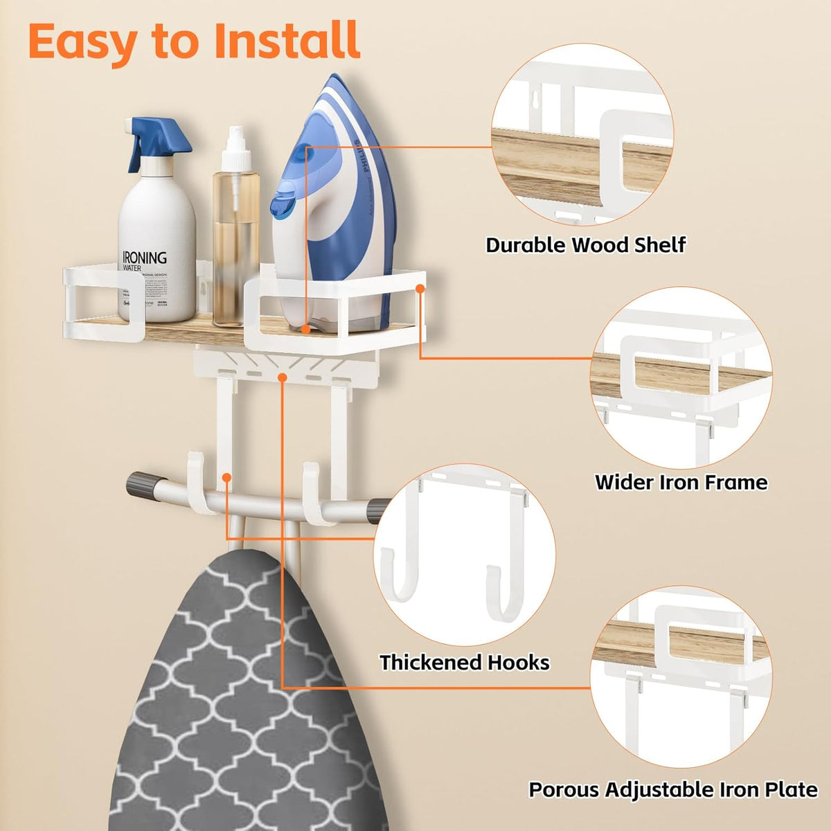 Ironing Board Holder Wall Mount, Iron Board Wall Hanger, Sewing, Laundry Room Organization, White, T&V Shaped Space Saving Iron Holder for Laundry Room Decor and Accessories, Organization and Storage
