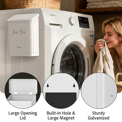 Sealegend Magnetic Lint Bin for Laundry Room with Dryer Lint Brush, Wall Mounted Metal Trash Can with Lid for Dryer, Space-Saving Laundry Organization and Storage, White