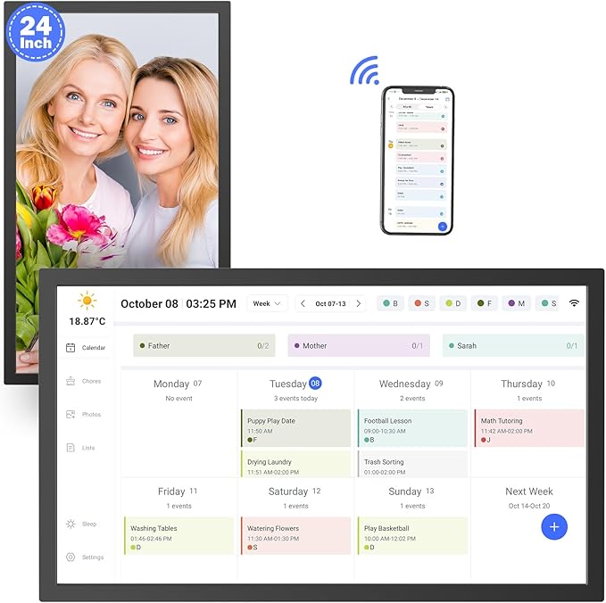 24" Smart Digital Calendar for-Family-Meal-Planner - Electronic Calendars for Chore Chart, Interactive Touchscreen Display for Family Schedules, Auto-Sync Google iCloud Outlook, Wall Mountable for Mom