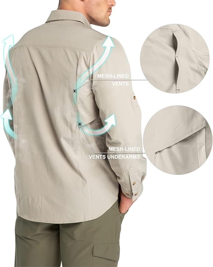 33,000ft Men's Long Sleeve Hiking Shirts Lightweight Quick Dry Sun Protection UV UPF 50 Fishing Shirt Outdoor Safari Travel