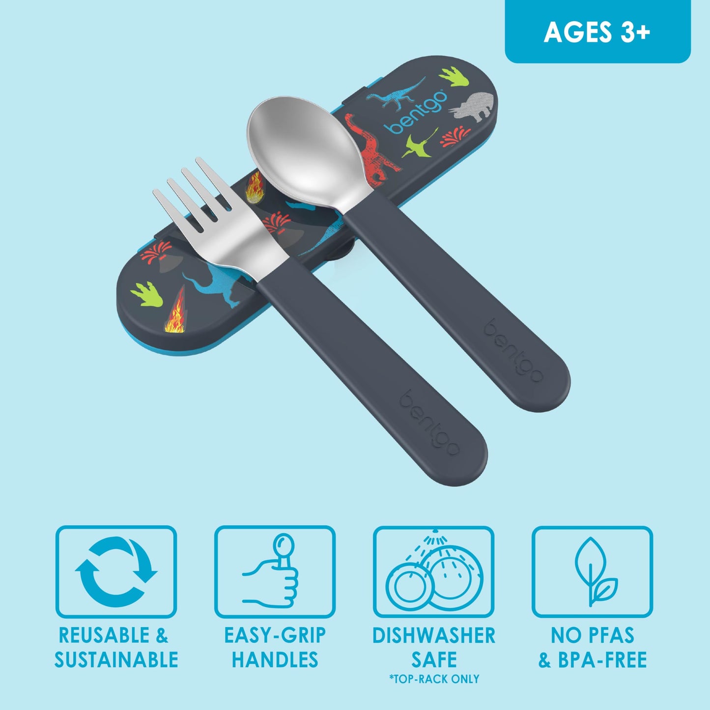 Bentgo Kids Stainless Steel Utensil Set - Reusable Fork, Spoon & Storage Case, PFAS- & BPA-Free, Easy-Grip Handles, Lightweight, Dishwasher Safe, School Lunch, Travel & Outdoors (Dinosaur)