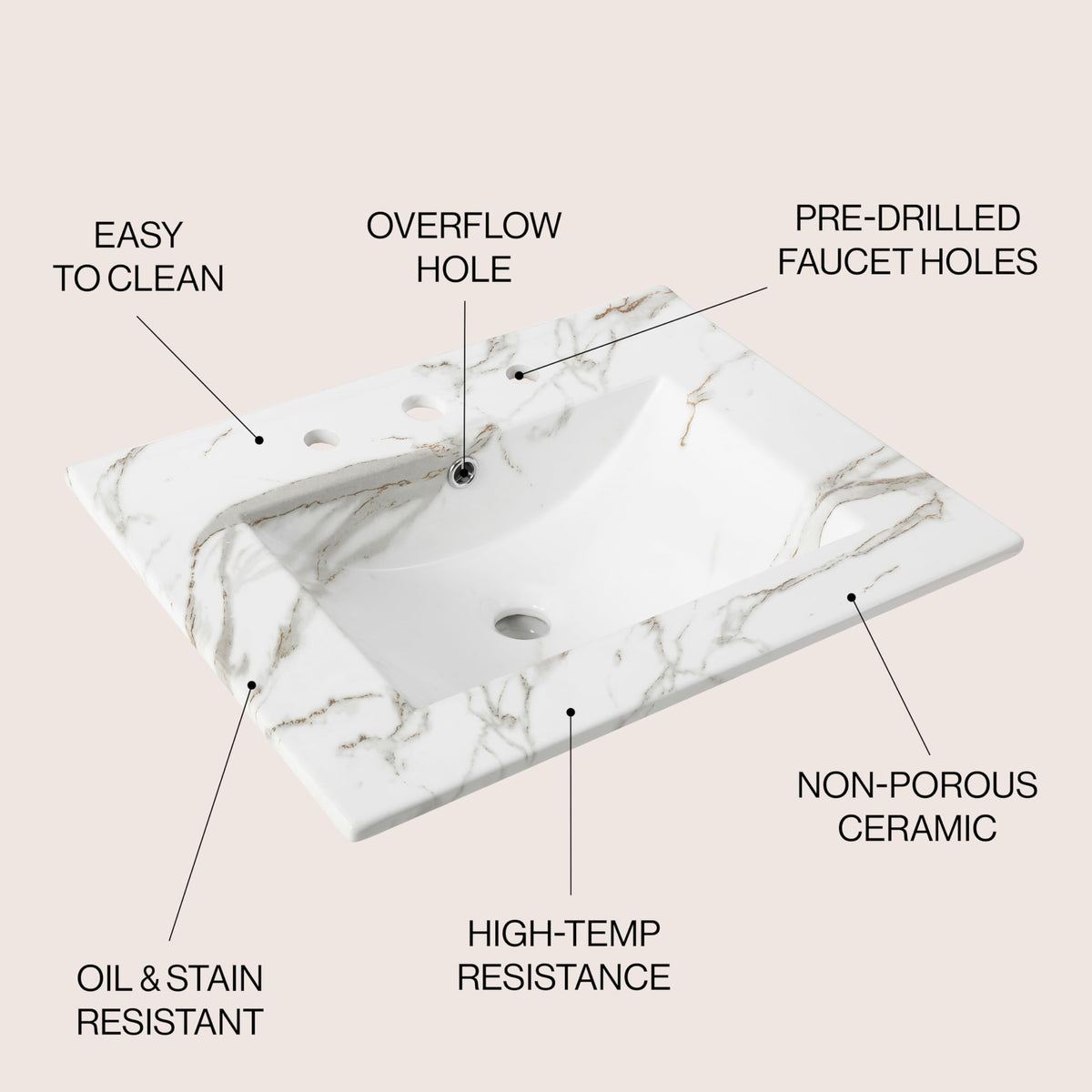 JONATHAN Y SNK1001C Ancillary 3-Hole 24 in. W x 18.25 in. D Classic Contemporary Rectangular Ceramic Single Sink Basin Vanity Top, White Marble Effect