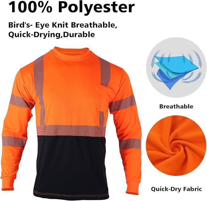 VENDACE 3 Pcs Safety T Shirts Reflective High Visibility Hi Vis Long Sleeve Construction Work Shirts for Men (Orange,2XL)