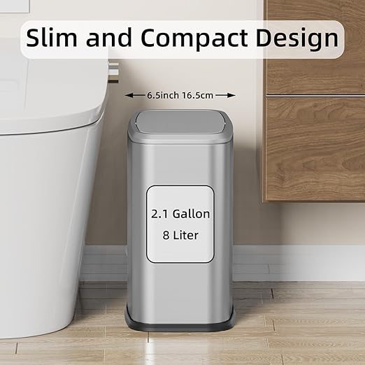 8L/2.1 Gal Small Bathroom Trash Can with Lid, Swing-Top Rectangular Waste Bin, Stainless Steel Garbage Can for Home, Office, Toilet, Bedroom, Living Room (Silver)