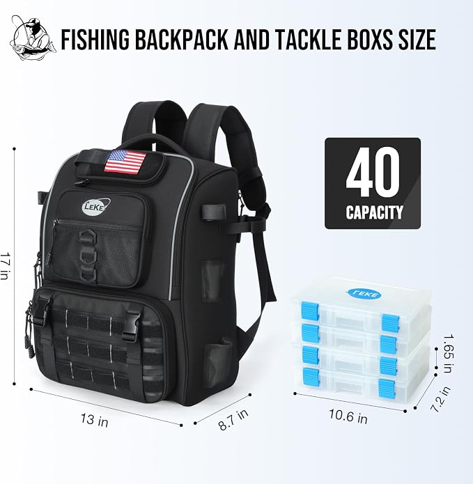 Lekesky Fishing Backpack with 4 Tackle Boxes, 40L Tackle Bag with Rod Holders, Tactical Storage Gear for Men, Black