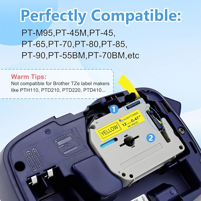 Compatible for Brother P-Touch M Tape M-K631 MK631 M631 MK-631 Black on Yellow Label Tape 0.47" (12mm) x 26.2ft for PT-90 PT-M95 PT-70 PT-70BM PT-85 PT-80 PT-45 PT-65 Label Makers, 3 Pack