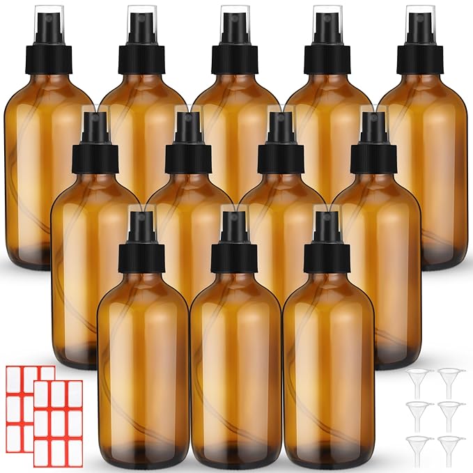 Norme 12 Pcs 8 oz Glass Spray Bottles with Funnels and Labels Refillable Cosmetic Empty Spray Bottles with Sprayer Containers for Essential Oil Cleaning Solutions(Amber,Stylish)