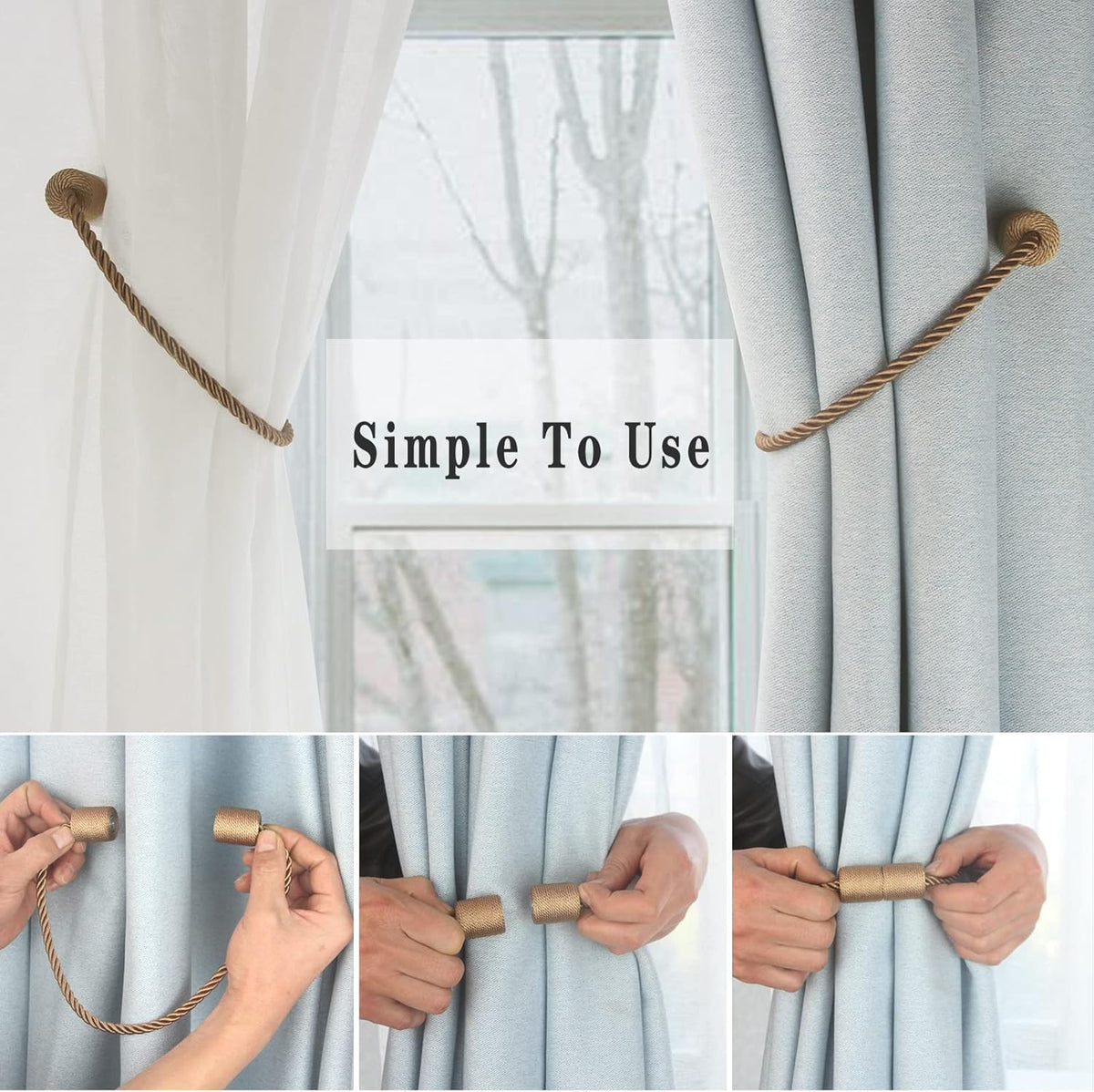 Magnetic Curtain Tiebacks 4 Pack Khaki Curtain Rope Tieback Curtain Holders for Drapes Modern Tie Backs Decorative Curtain Holdbacks