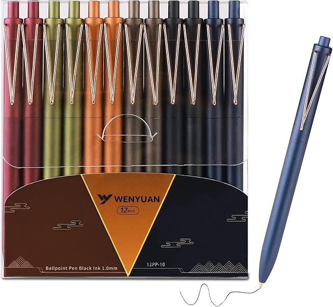 WY WENYUAN Black Ballpoint Pens, Fine Point, 12-pcs, Black Ink, 1.0 mm, Aesthetic School Office Supplies Gift for Her
