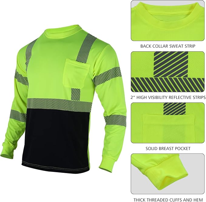 VENDACE 3 Pcs Safety T Shirts Reflective High Visibility Hi Vis Long Sleeve Construction Work Shirts for Men (Yellow,2XL)