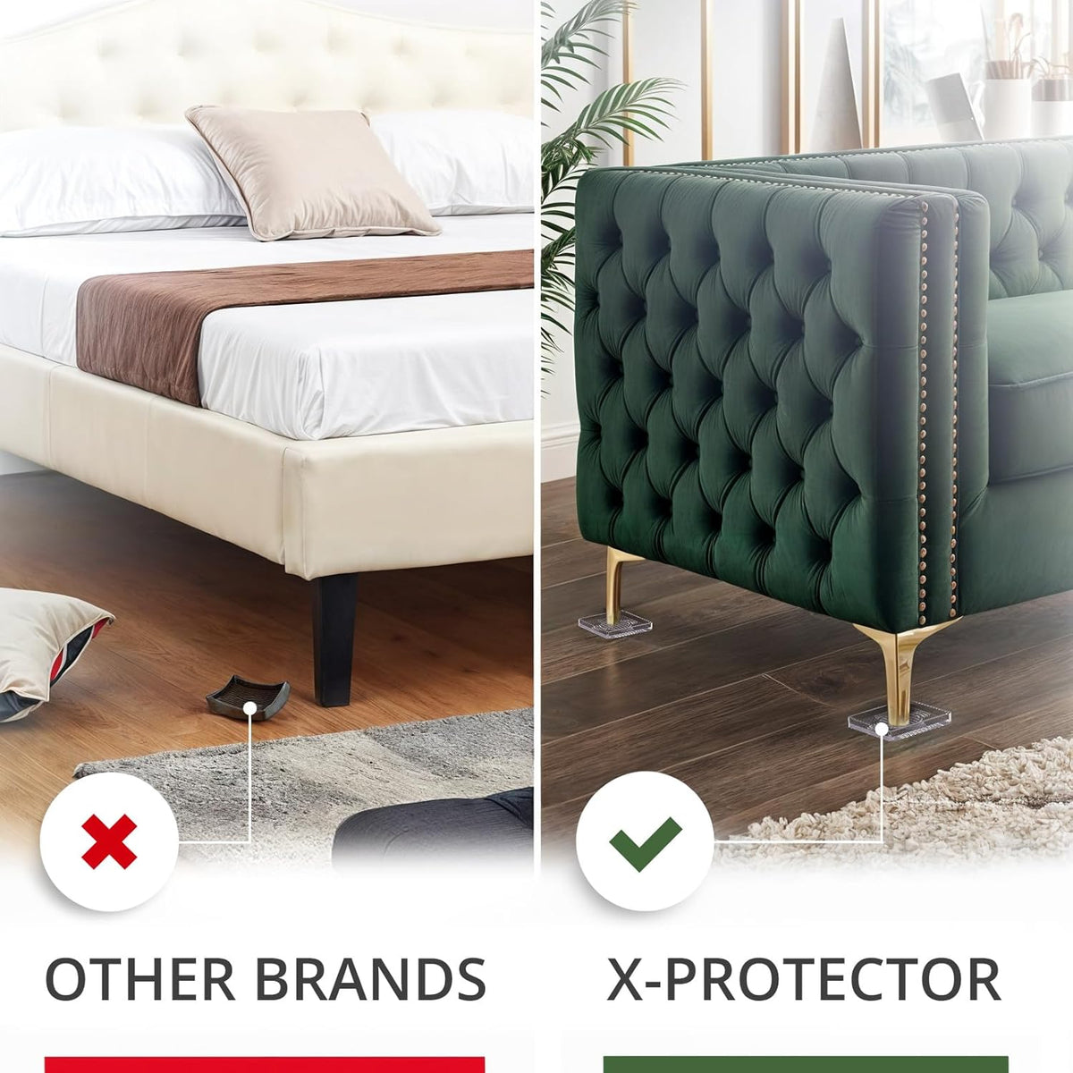 X-Protector Furniture Cups - 4 PCS 3" - Non Slip Furniture Pads for Hardwood Floors - Transparent Floor Protectors - Bed Stoppers to Prevent Sliding - Keep Furniture from Sliding on Floor! (Square)