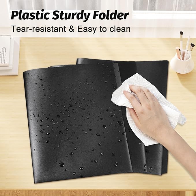 Fastener File Folder,Plastic Folders with Pockets,Reinforced Heavy Duty Pocket Folder with Brad,Manila,1/3 Cut Tabs,Letter Size,12 Pack,Black