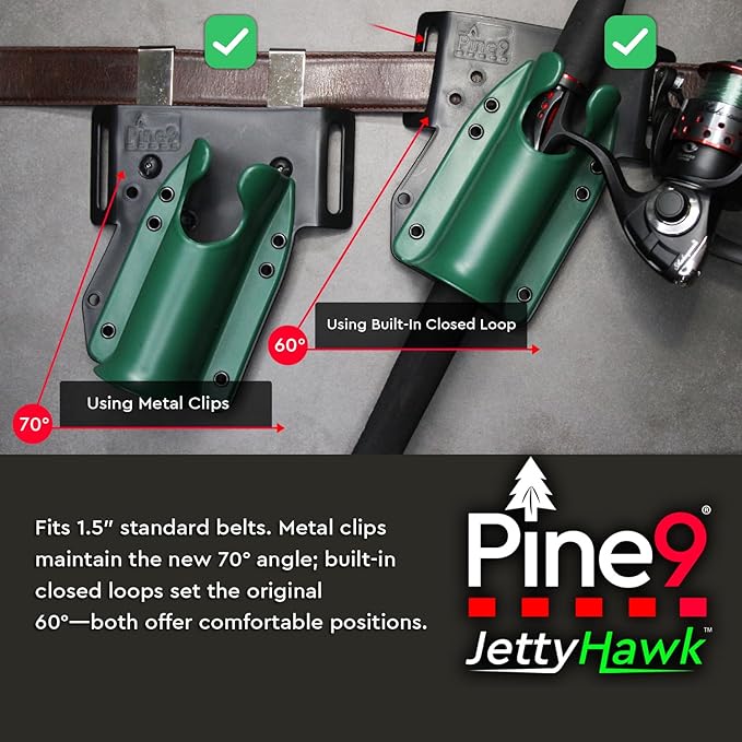 JettyHawk Fishing Rod Hip Holster, Hands-Free Quick-Draw Holder, Fits 1.5-2" Pole, for Spinning, Baitcaster, Centerpin & Surf Rods, Wading & MOLLE Belts