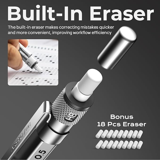 Nicpro 3 Pack Blocky Gear 0.5 mm Metal Mechanical Pencils Set with Case, Lead Drafting Pencil with 8 Tube (480PCS) Lead Refills(HB 2B), 4 Erasers, 18 Eraser Refills for Art Writing, Sketching Drawing
