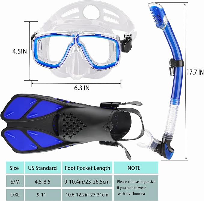 Snorkeling Gear for Adults with Fins Scuba Diving Gear Adult Professional Travel Snorkel Sets with Flippers,Anti-Fog Anti-Leak Diving Mask