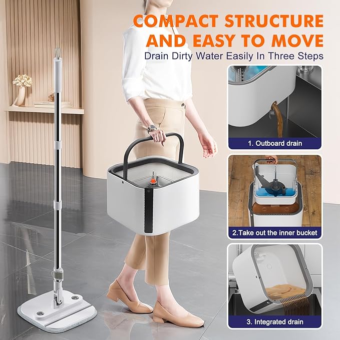 KZKR Spin Mop and Bucket Set with Self Separation Dirty and Clean Water System, Self Wringing 360° Rotating Square Mop Head for Home Floors Cleaning (2.0 Mop and Bucket Set (6 Pads) Ship by Amazon)