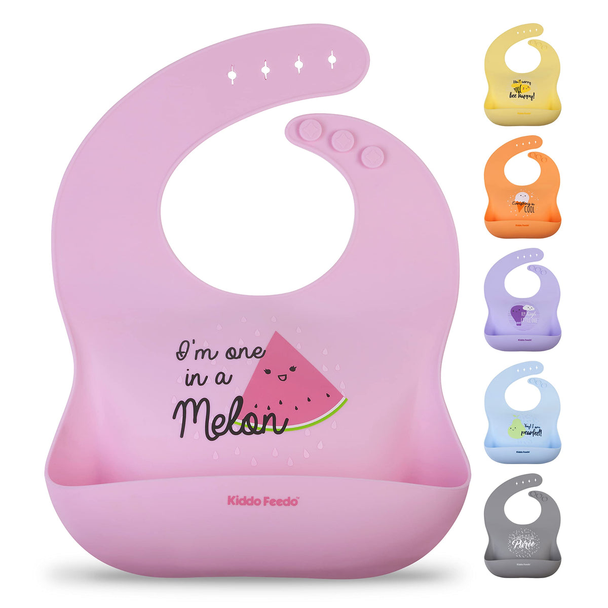 Kiddo Feedo Silicone Baby Bibs, Soft, Adjustable, Waterproof and Non Messy, Designed in Sweden, (watermelon-one in a melon)