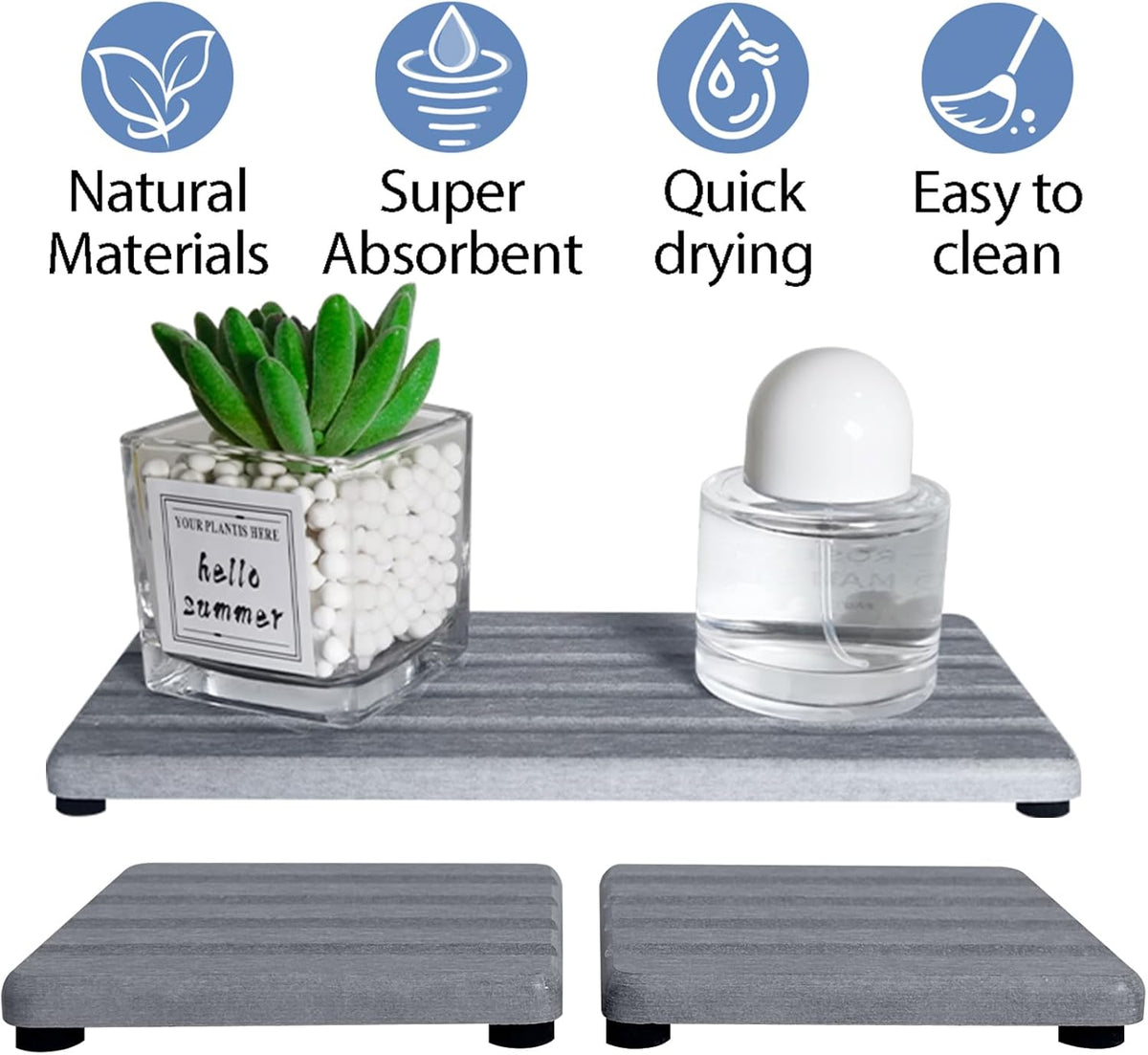 Set of 3 Diatomite Hand Soap Holder, Water Absorbing Stone Tray for Kitchen Countertop, Fast-Drying Bathroom Trays(1pcs 22 x 10cm + 2pcs 10 x 10cm Grey)