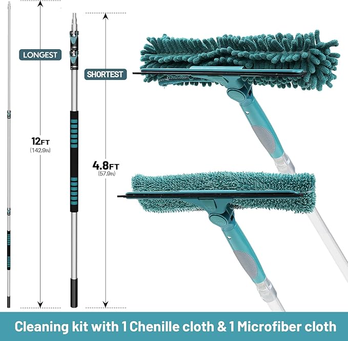 20 Feet High Reach Window Squeegee with 5-12Ft Extension Pole, Window Cleaner Tool with 3-Stage Telescoping Pole, Window Cleaning Kit with Rotatable Head (2 Squeegee & 2 Microfibre Cloths)