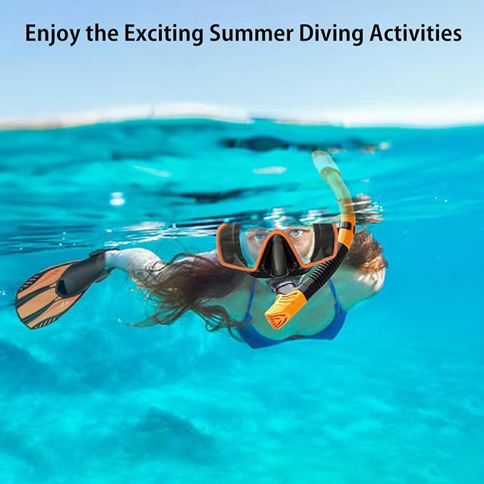 Snorkeling Gear for Adults,Mask Fins Snorkel Set,Panoramic View Diving Mask Anti-Fog,Dry Snorkel,Adjustable Swim Flippers and Travel Bag,Adults Snorkel Gear for Swimming Snorkeling Diving