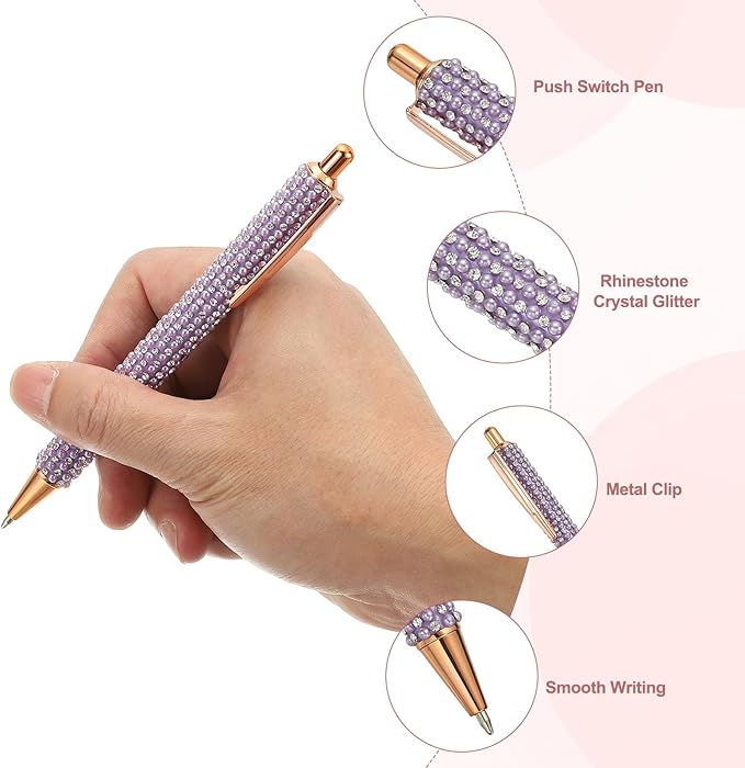 PATIKIL Rhinestone Metal Ballpoint Pen, 4 Pack Crystal Pearl Pens Black Ink 1.0mm Point Sparkly for Women Gift Office Note Taking Journaling, Purple