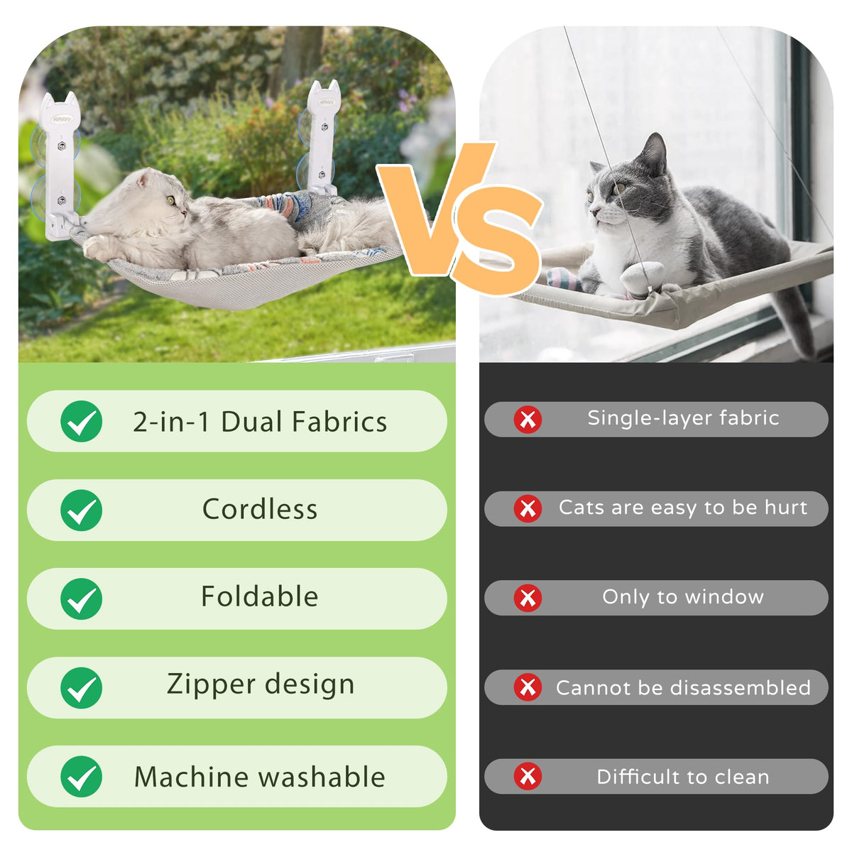 HiPetpy 2 Pack Cat Window Perch, Glow in The Dark Foldable Cat Hammock with Sunken Design & Removable Soft Cover, Breathable Cordless Window Bed for Resting Indoor Kitten (Shallow Perch, 2 Pack - M)