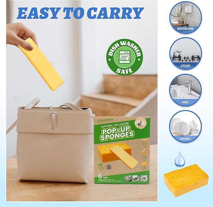 6 Pack Natural Cellulose Pop Up Sponges Biodegradable Eco-Friendly Compressed Sponges Non-Scratch Multi-Use for Kitchen Dishes, Car, Windows Cleaning