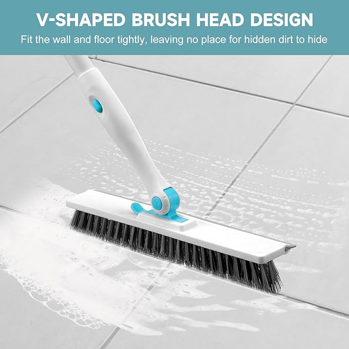 nacena Shower Scrubber with Long Handle, 4 in 1 Tile Tub Scrubber Brush with 3 Detachable Cleaning Heads and V-Shaped Grout Brush Shower Cleaner Brush for Bathroom Kitchen Toilet Tub Sink, Blue White