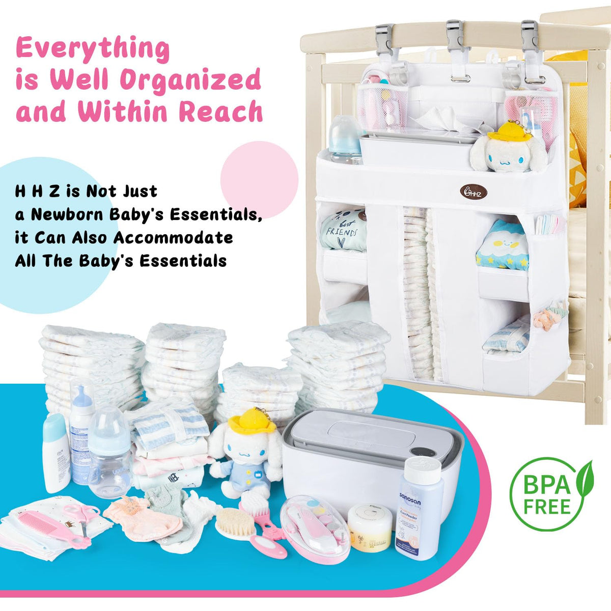 HHZ XL Hanging Diaper Caddy Organizer –Sturdy and Durable Baby Organizer – Diaper Stacker for Changing Table, Crib, Playard or Wall & Nursery Organization （White）