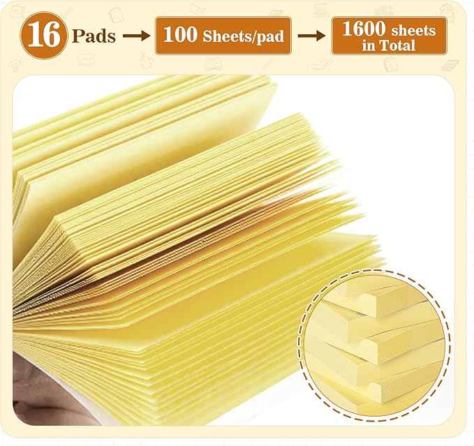(16 Pack) Large Sticky Notes 3x5 in Yellow, 1600 Pcs Self-Stick Pads, Clean Removal, 100 Sheets/Pad Super Adhesive Sticky Pads Recyclable for Notebook, Meeting, Office, Shool, Home