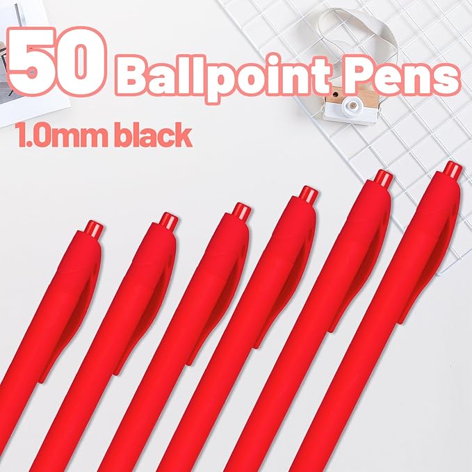 BallPoint Pens, 50 Pack (BLACK Ink),Bulk Pens, Red Barrel,Click Pens for Office Home and School, Retractable Ballpoint Pens, Medium Point, 1.00MM (Red)