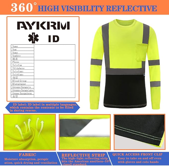 AYKRM Safety T Shirt Reflective High Visibility hi vis Long Sleeve T Shirt (XS-6XL)