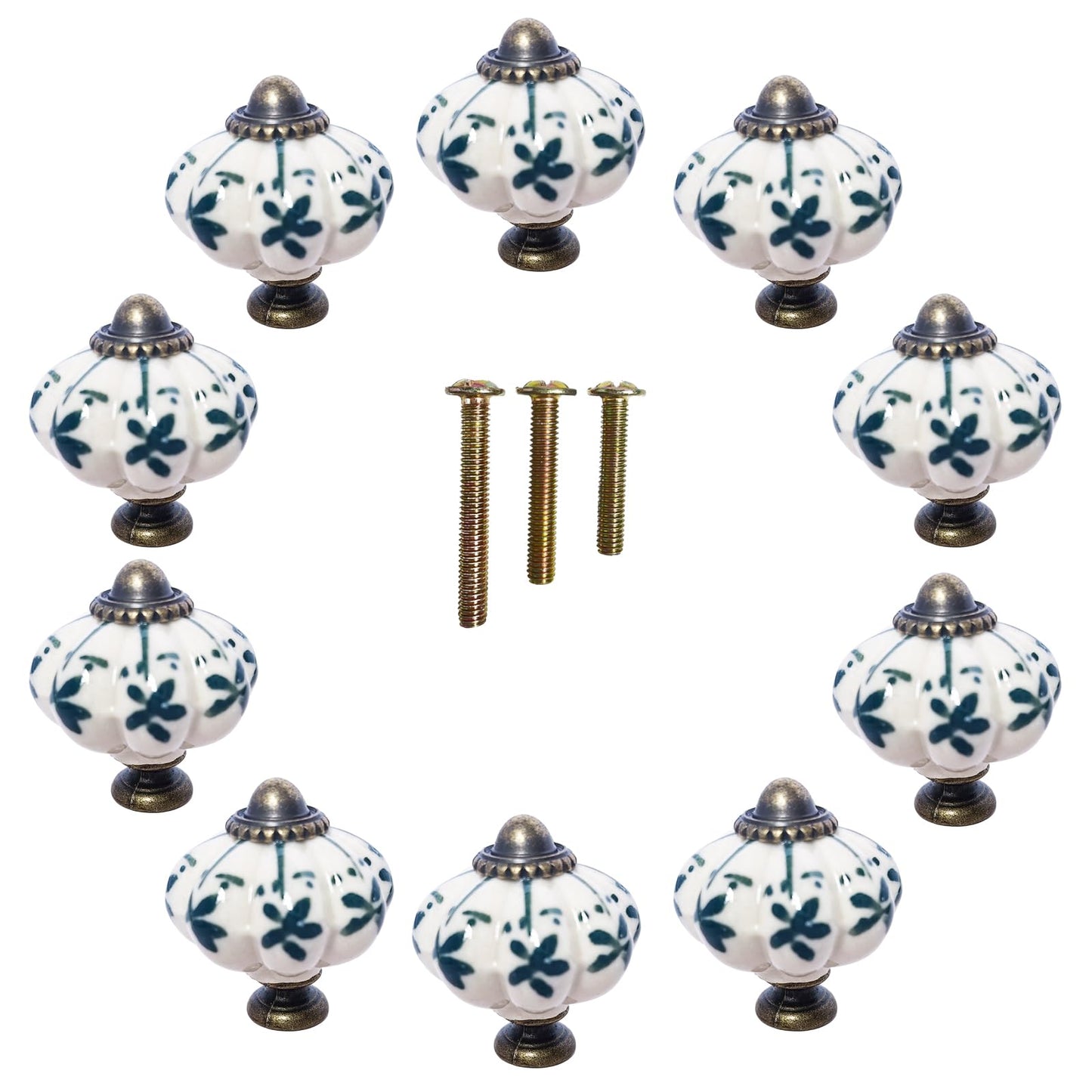 Eledabra Ivory & Green Pumpkin Knobs Ceramic Cabinet Knobs Vintage Drawer Pulls - Antique Dresser Pulls with Screws - Green Flower 10 PCS