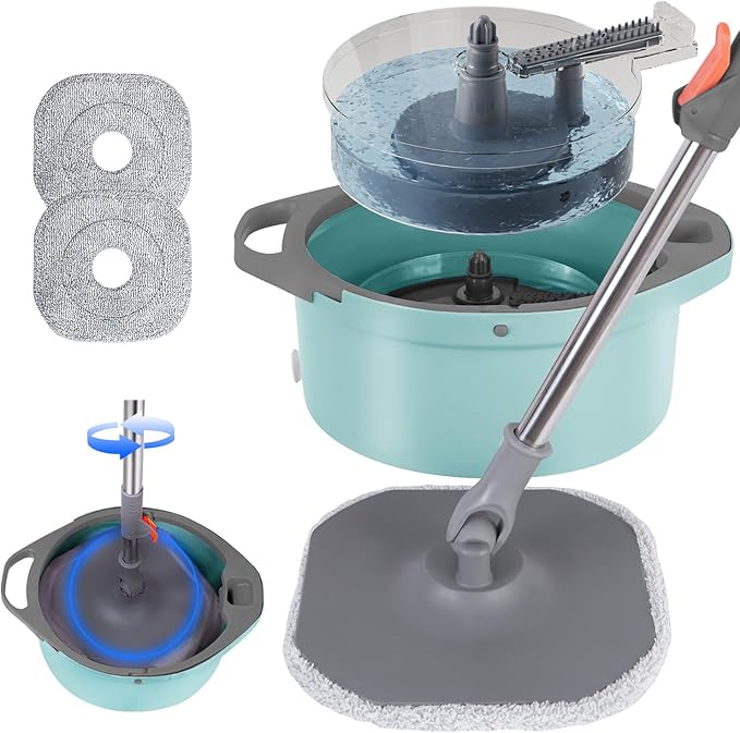 Spin Mop and Bucket with Separate Dirty and Clean Water,360° Spin Mop and Bucket System with Widening Foldable Handle,2 Replaceable Mop Pads,Square Mop for Floor Hardwood Tile Marble Wall Cleaning
