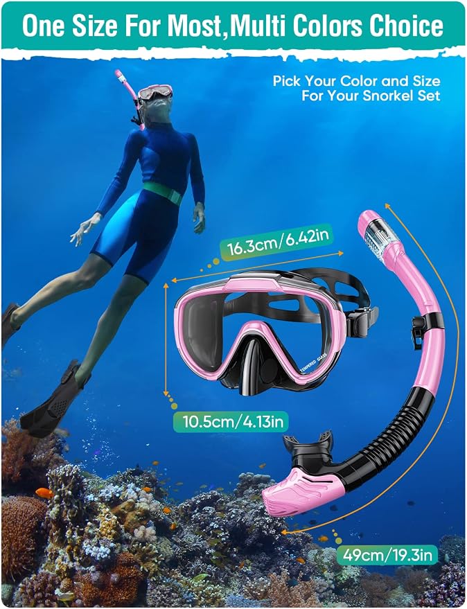 Seovediary Snorkel Set Adults Snorkeling Gear Anti-Fog Panoramic View Swim Mask Dry Top Snorkel Kit with Carry Bag for Snorkeling Scuba Diving Swimming Travel